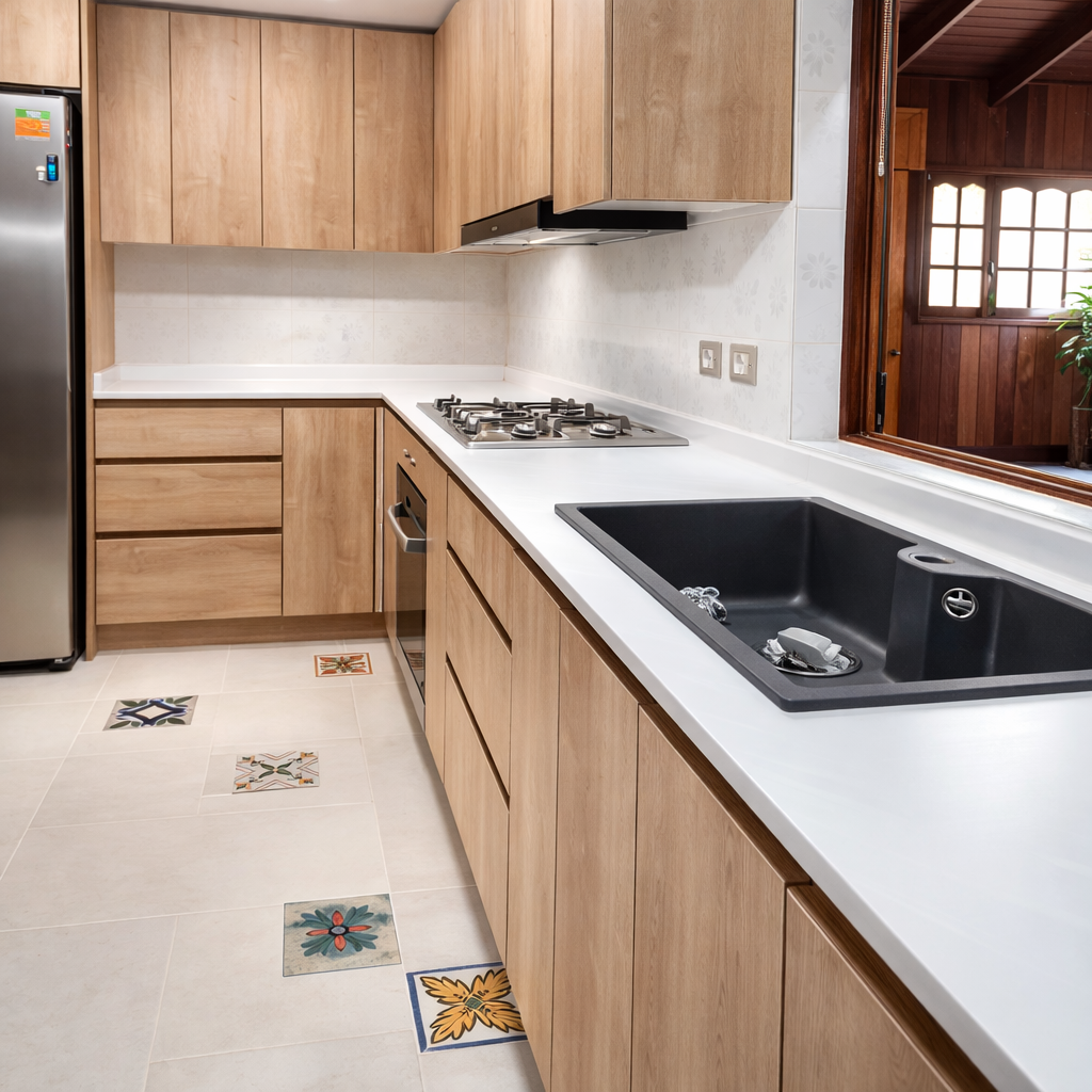Cocina a medida en madera natural con cubierta de cuarzo blanco