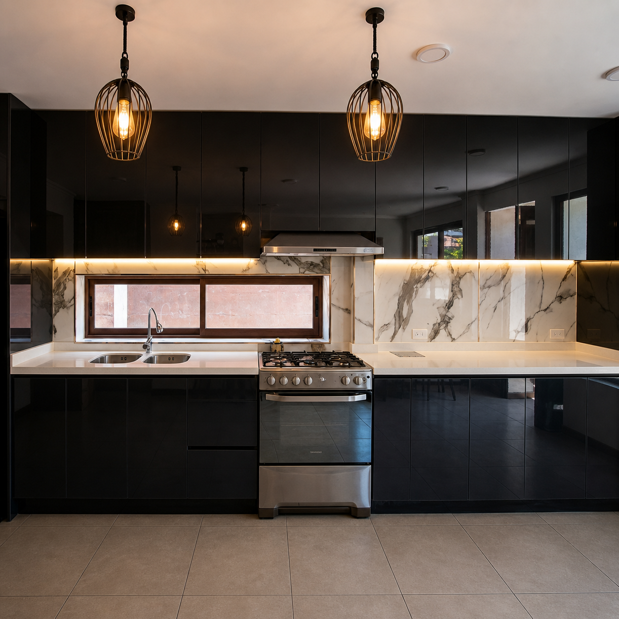 Cocina en negro lacado con backsplash de mármol veteado